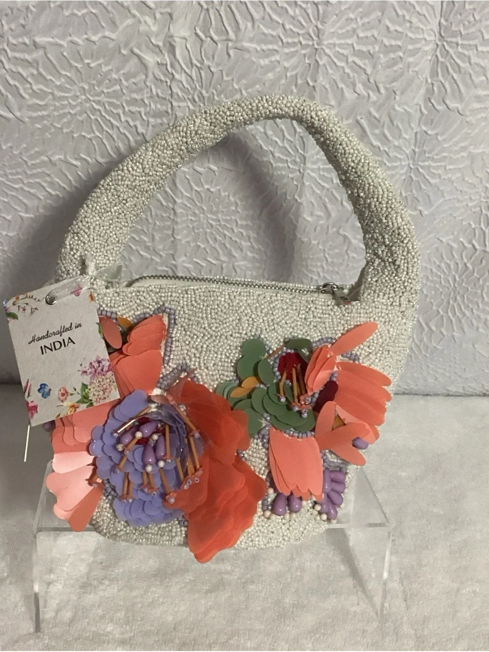 Viral Hand Crafted in India Cream Beaded Coral Floral Accented Satchel Bag NEW